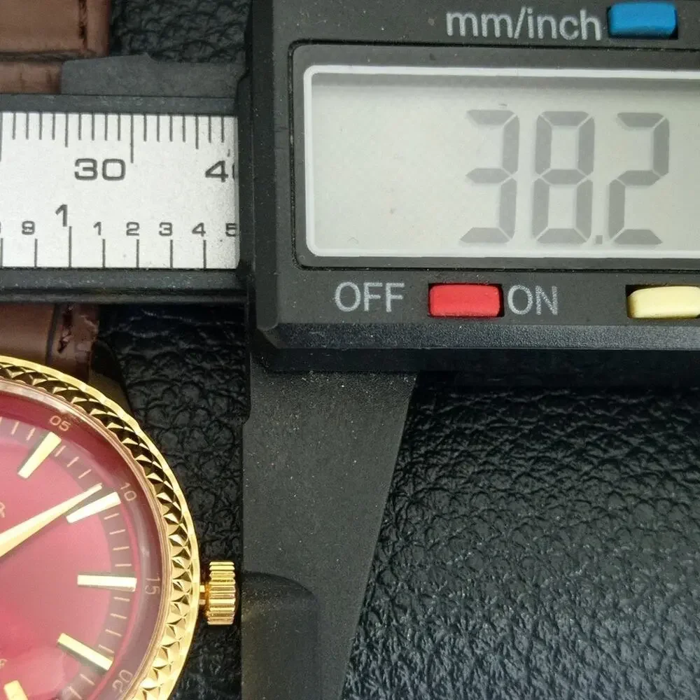 Vintage 1977 Roamer Manual Mens Gold Watch W/Leather Strap & Red accents